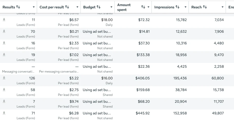 Meta Ads Manager ad set results, screenshot 2 of 11