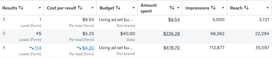 Meta Ads Manager table showing three ad sets with 114, 45 and 1 form leads