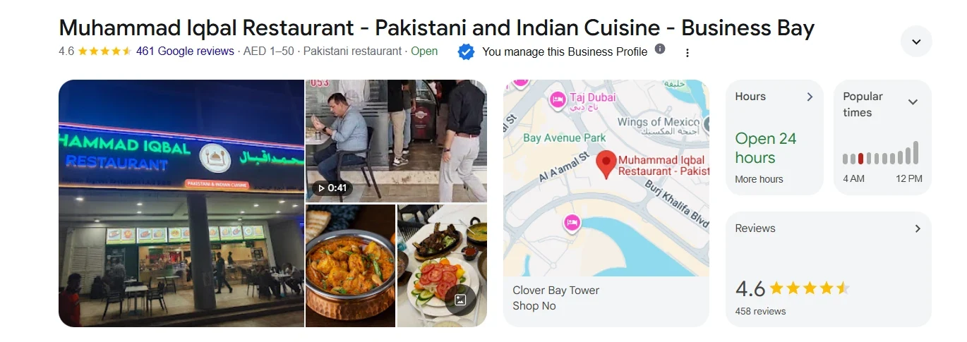 Muhammad Iqbal Restaurant on Google: 4.6 stars from 461 Google reviews, open 24 hours, Business Bay