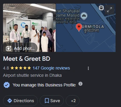 Meet & Greet BD Google Business Profile with 4.8 stars from 147 Google reviews, listed as airport shuttle service in Dhaka