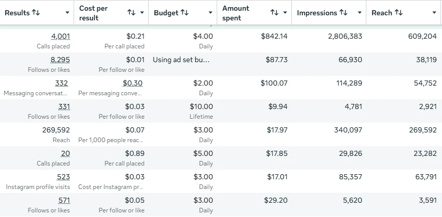 Meta Ads Manager table showing 4,001 calls placed at $0.21 each, follows, messaging conversations, reach and Instagram profile visits