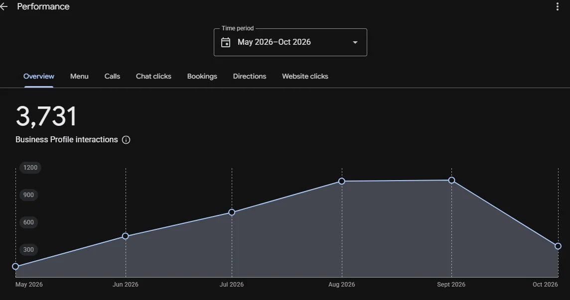 Google Business Profile performance showing 3,731 Business Profile interactions from May to October 2026
